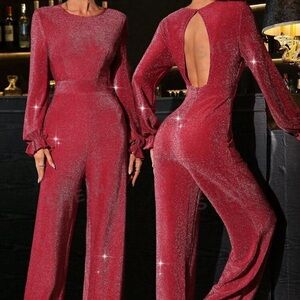 Allurite 1pc Elegant Shiny Ruffled Sleeve Figure Flattering Jumpsuit, Autumn